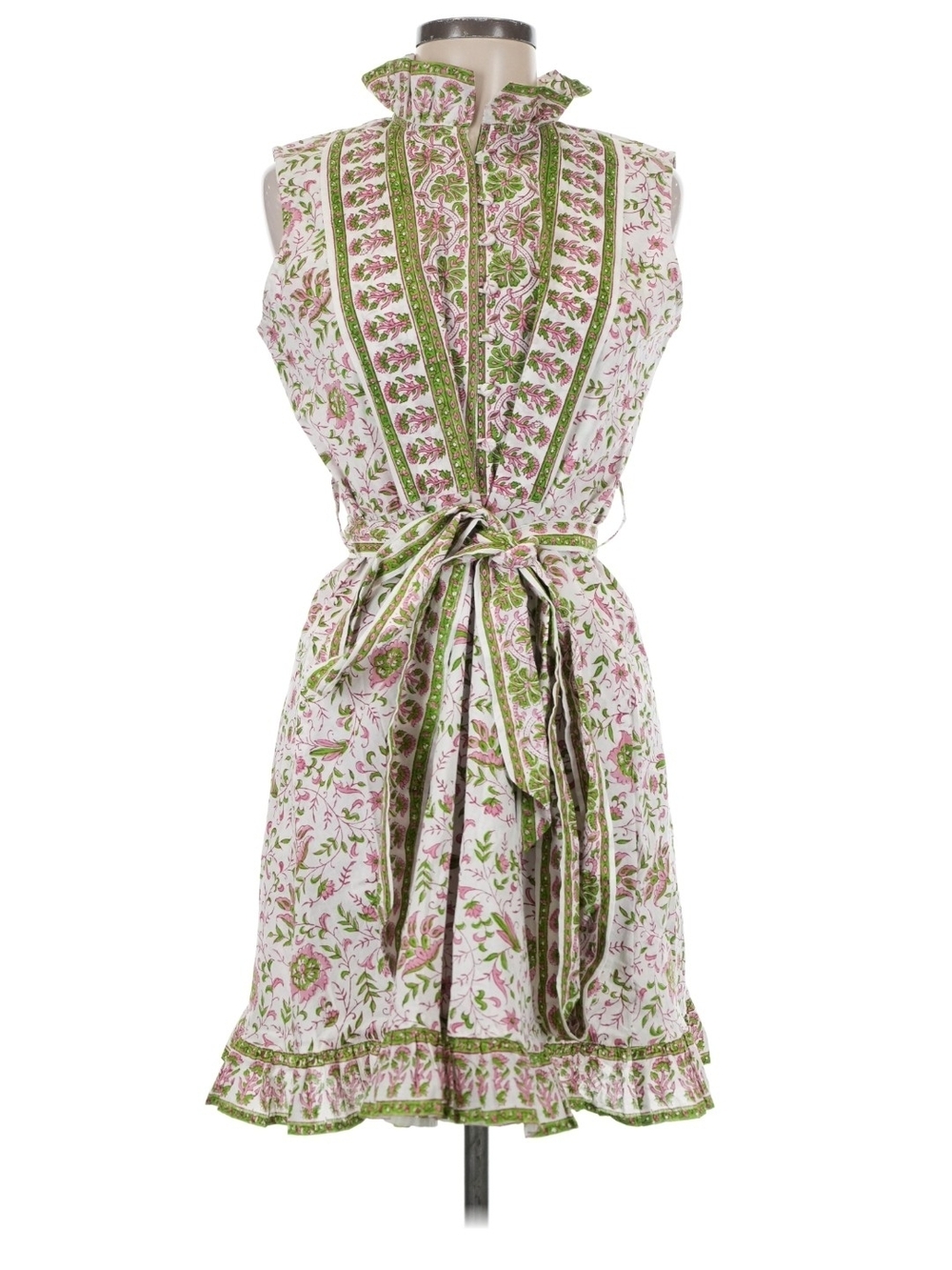 SUE SARTOR Flounce™ Mini Dress Sleeveless Pink and Green Floral Ruffle Belted